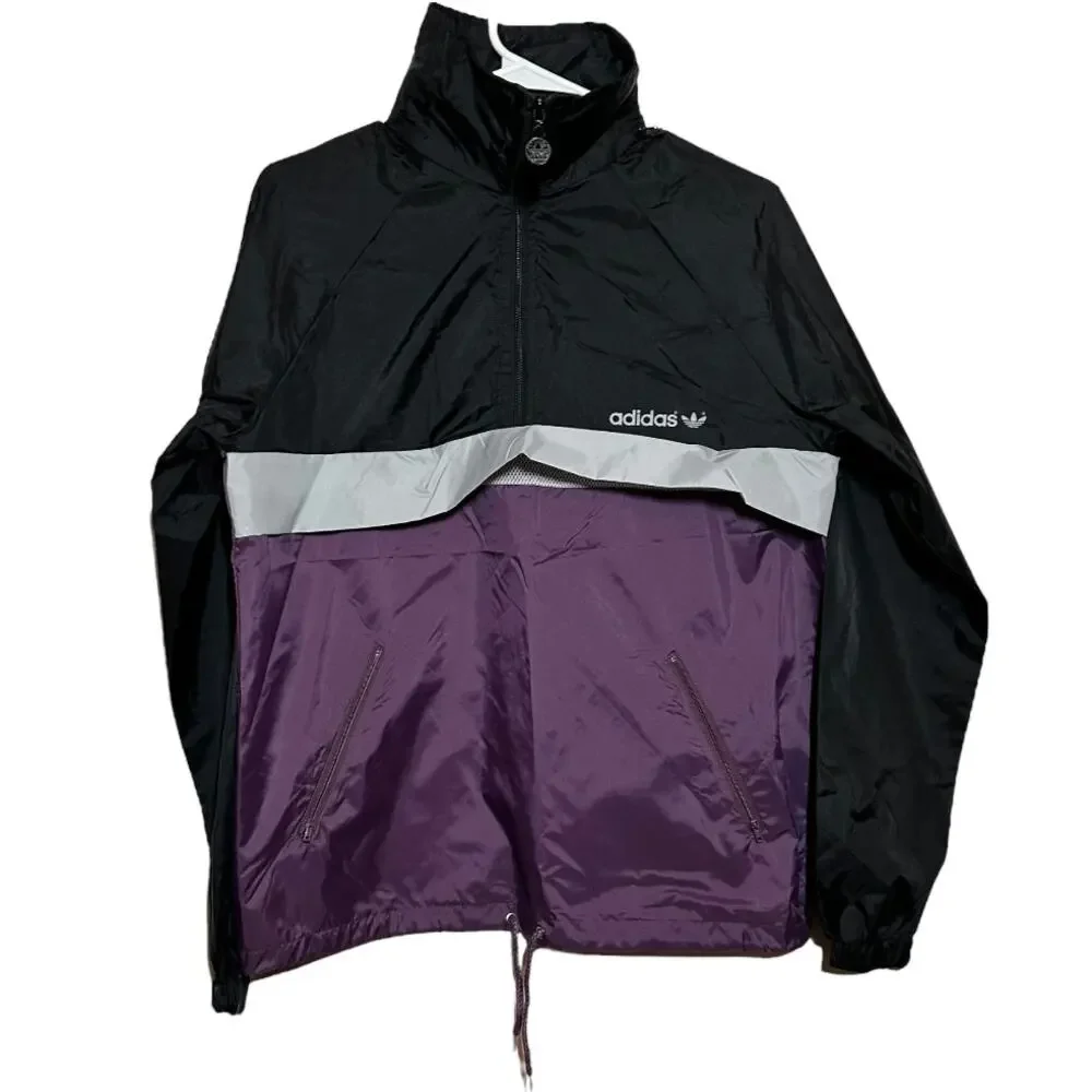 Vintage Adidas Windbreaker 80s 1/2 Zip Track Jacket Hidden Hood 100% Nylon Small